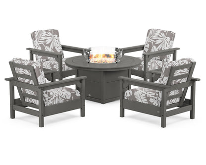 POLYWOOD® Club 5-Piece Conversation Set with Fire Pit Table in Slate Grey / Leaf Grey Mist