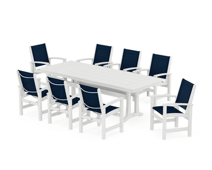 POLYWOOD® Coastal 9-Piece Farmhouse Dining Set with Trestle Legs in White / Navy Blue Sling