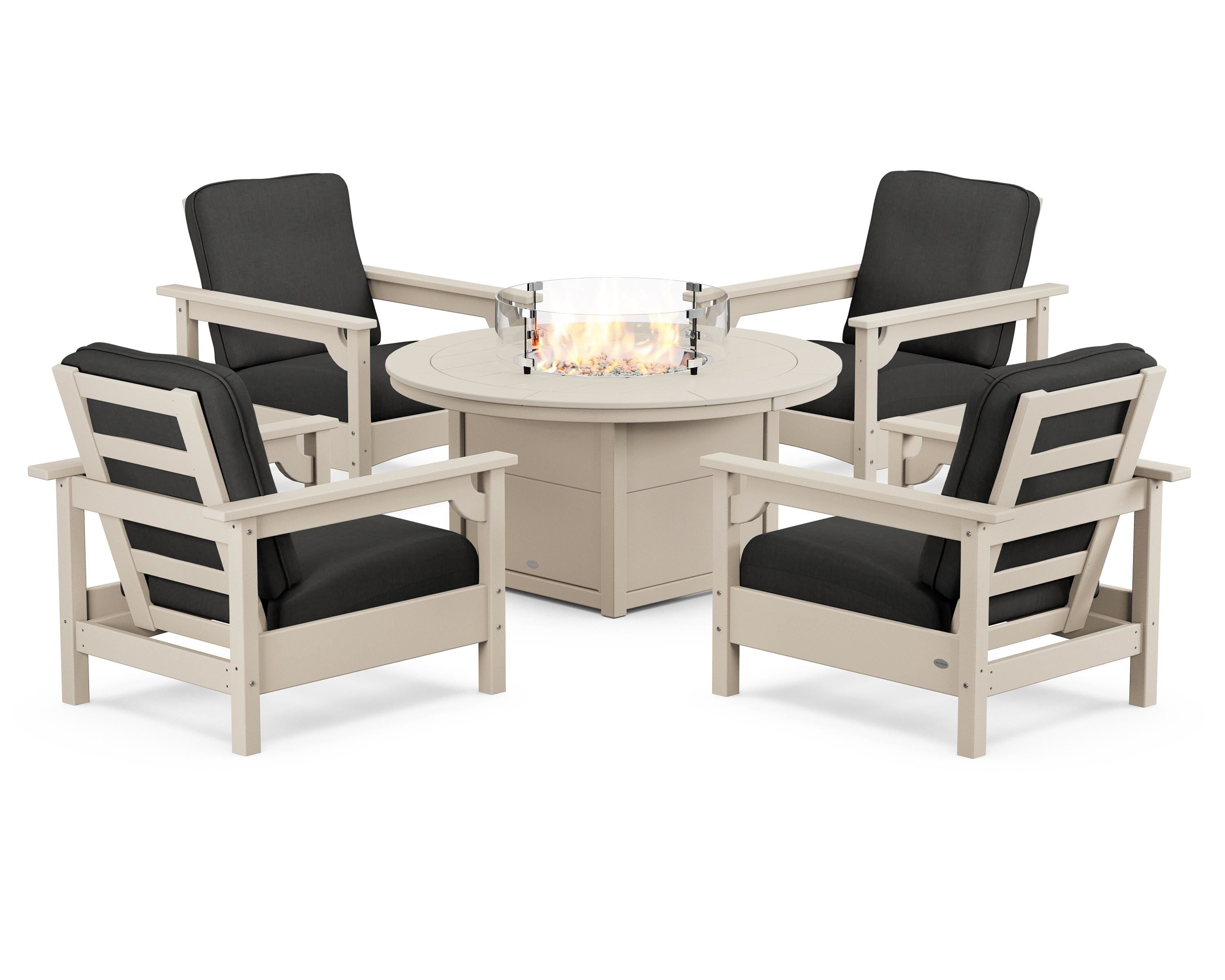 POLYWOOD® Club 5-Piece Conversation Set with Fire Pit Table in Sand / Spectrum Carbon