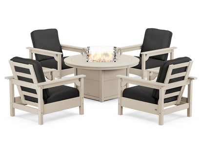 POLYWOOD® Club 5-Piece Conversation Set with Fire Pit Table in Sand / Spectrum Carbon