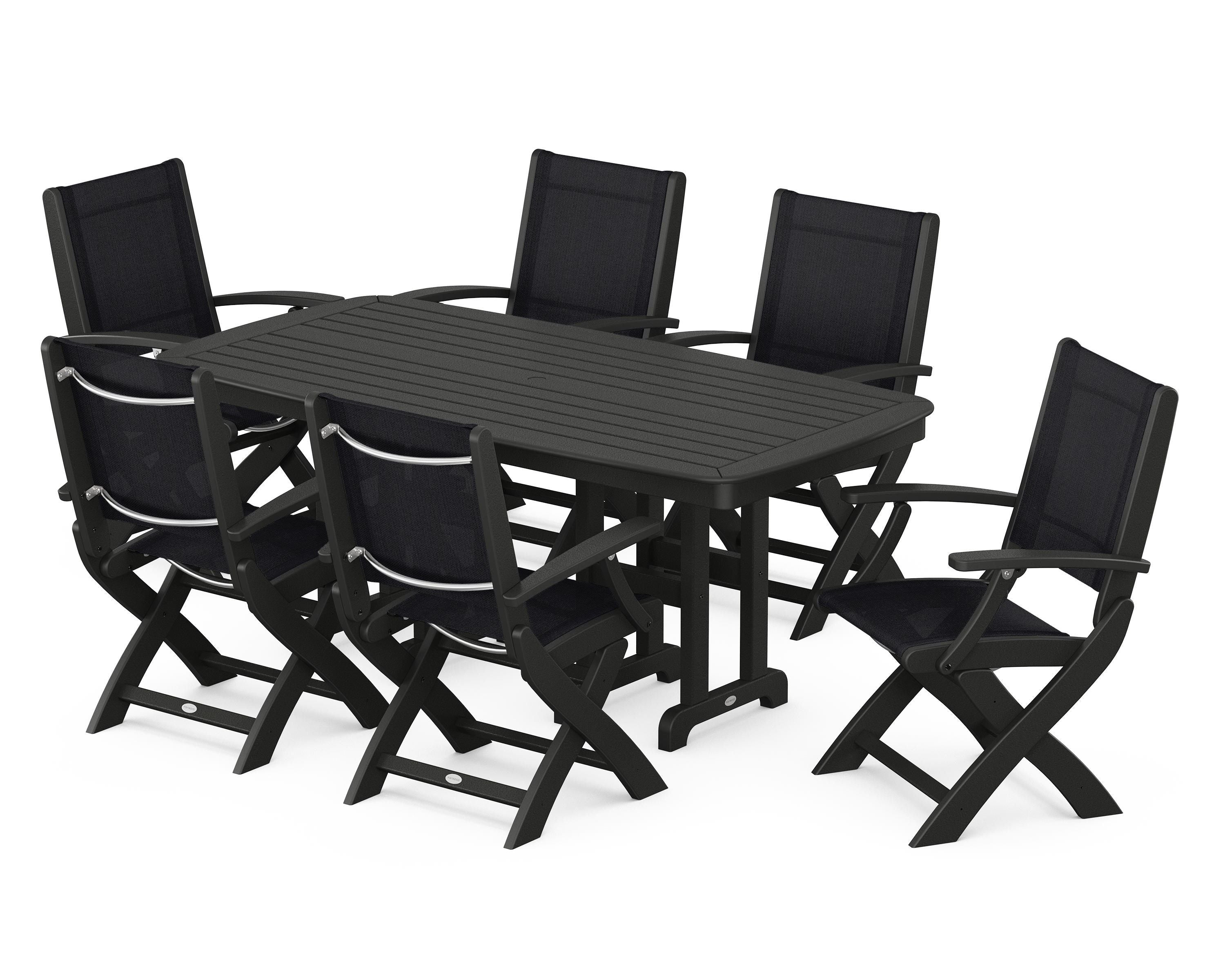 POLYWOOD® Coastal Folding Arm Chair 7-Piece Dining Set in Black / Black Sling