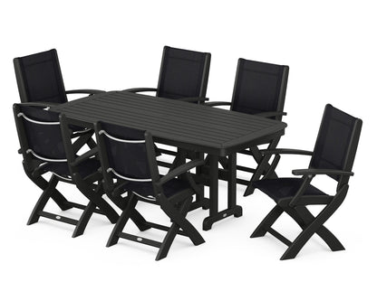 POLYWOOD® Coastal Folding Arm Chair 7-Piece Dining Set in Black / Black Sling