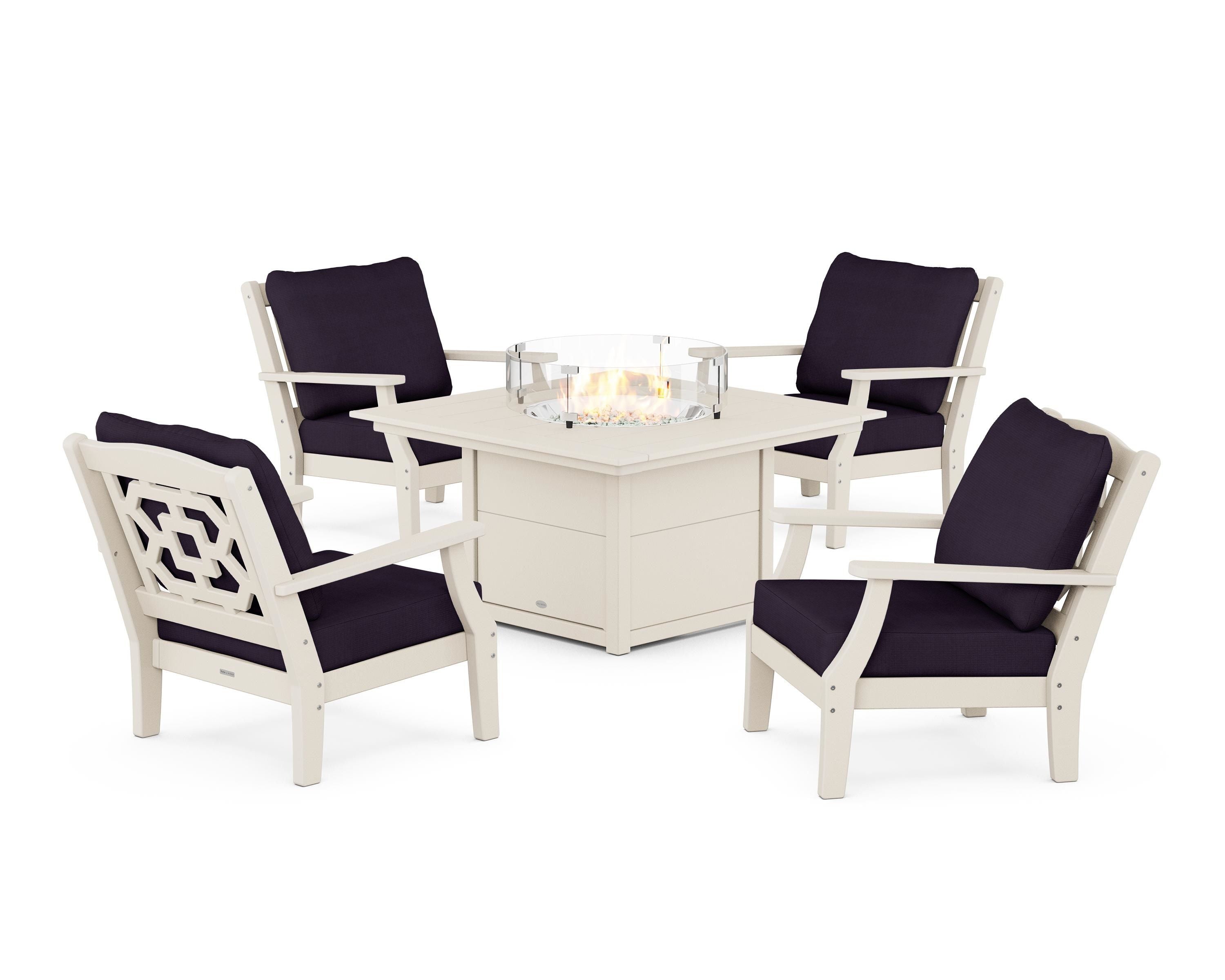 Martha Stewart by POLYWOOD® Chinoiserie 5-Piece Deep Seating Set with Fire Pit Table in Sand / Navy Linen