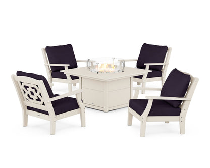 Martha Stewart by POLYWOOD® Chinoiserie 5-Piece Deep Seating Set with Fire Pit Table in Sand / Navy Linen