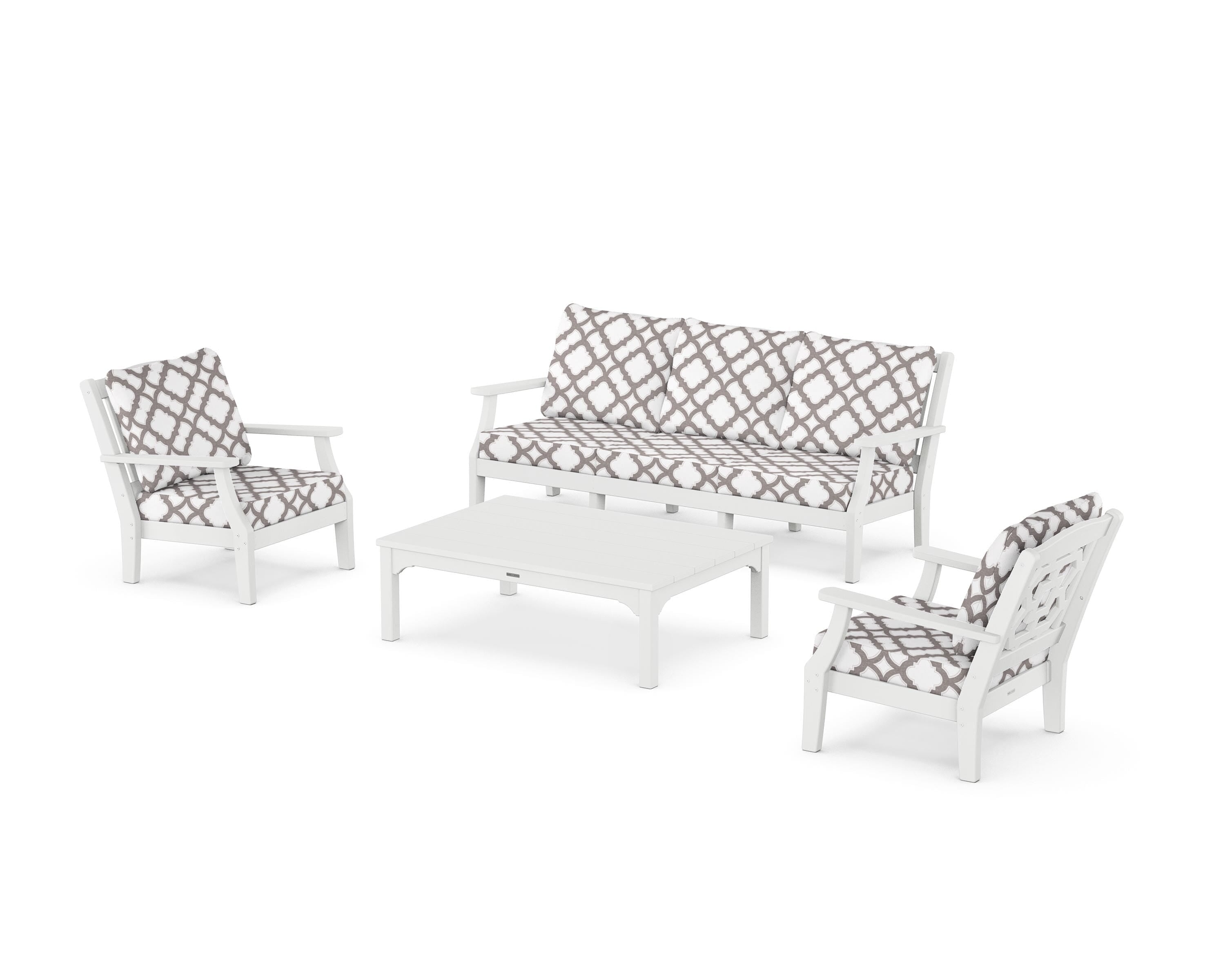 Martha Stewart by POLYWOOD® Chinoiserie 4-Piece Deep Seating Set with Sofa in White / Trellis Grey Mist