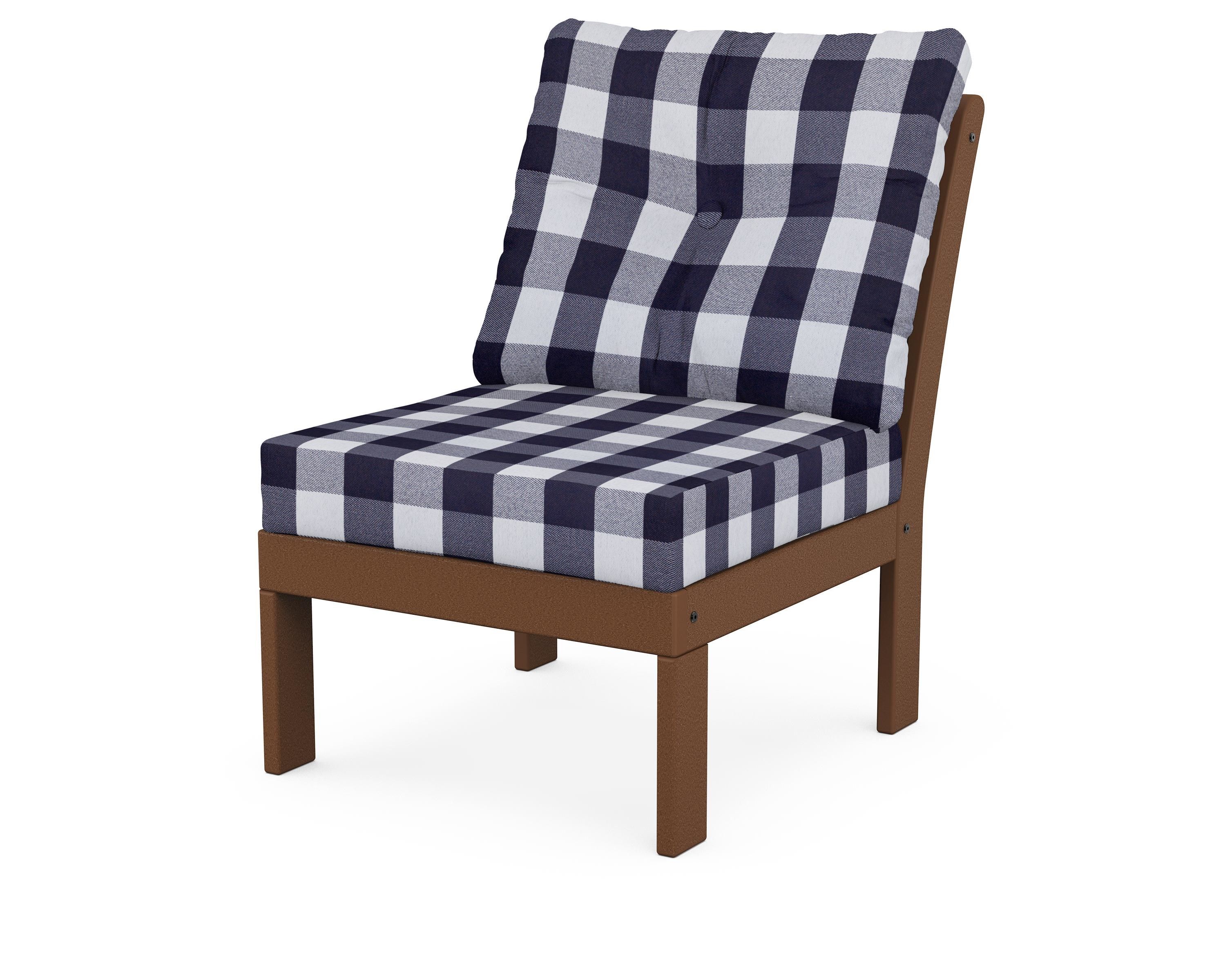 POLYWOOD® Vineyard Modular Armless Chair in Teak / Buffalo Plaid Navy