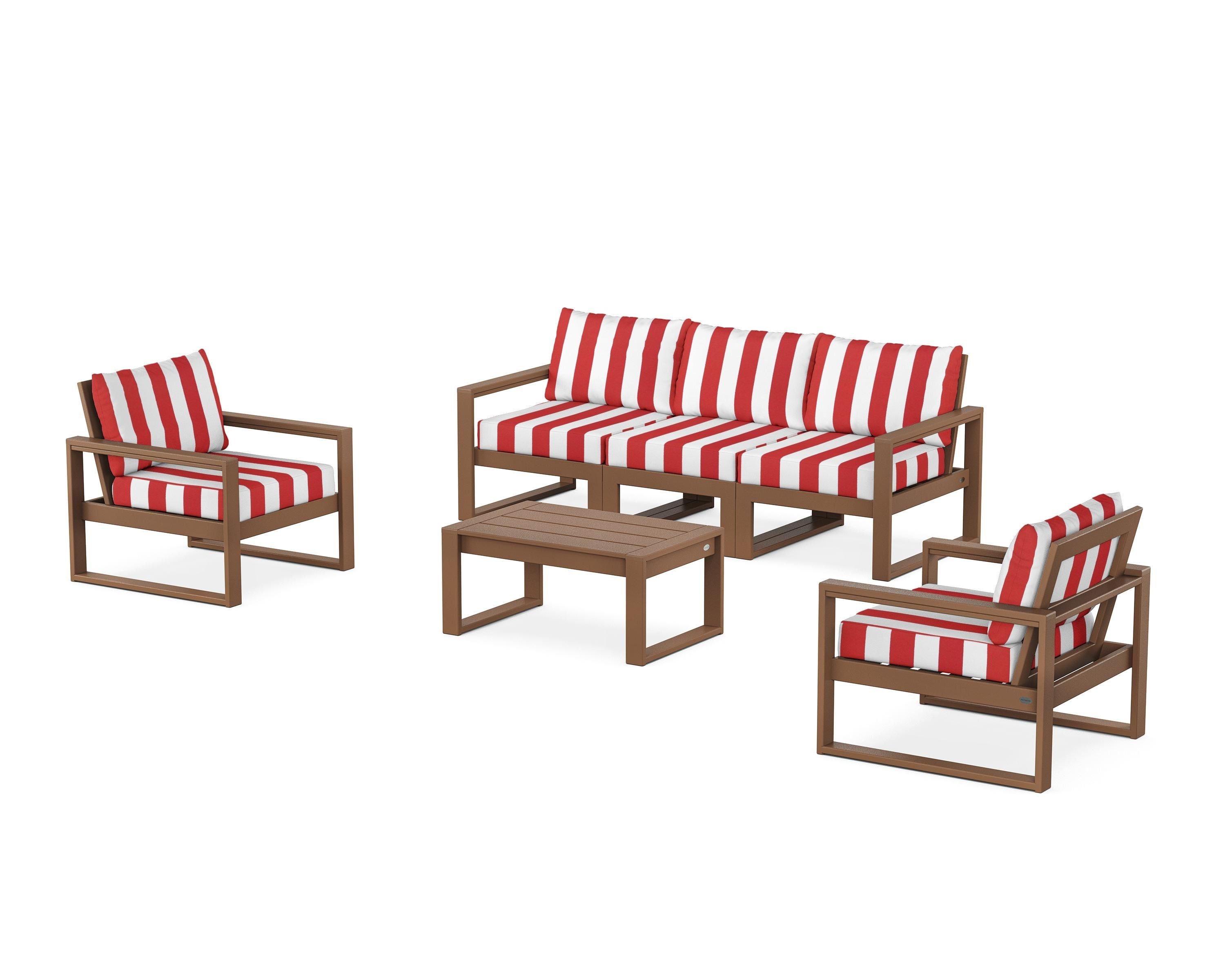POLYWOOD® EDGE Sectional 4-Piece Deep Seating Set with Sofa in Teak / Cabana Stripe Crimson