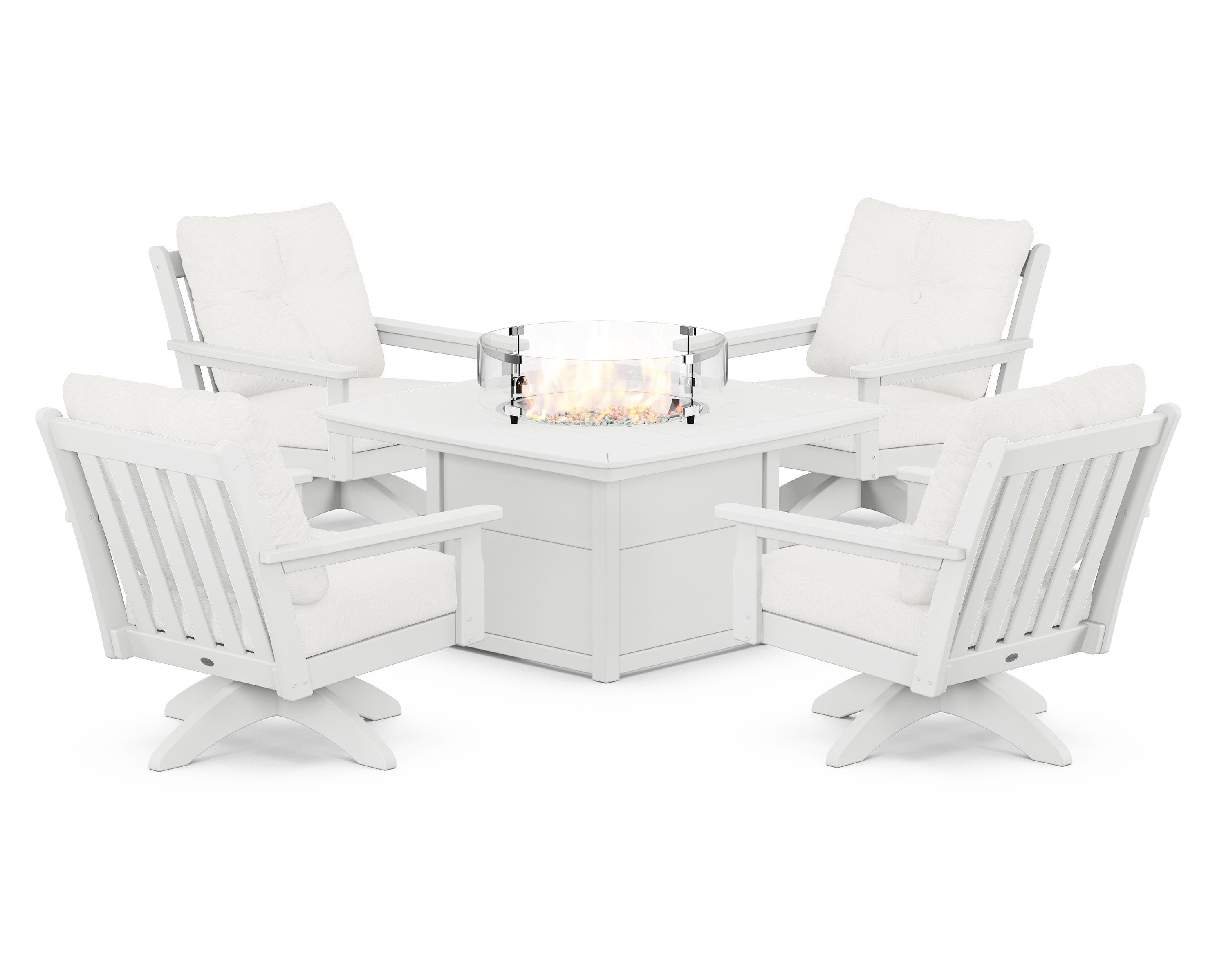 POLYWOOD® Vineyard 5-Piece Deep Seating Swivel Conversation Set with Fire Pit Table in White / Natural Linen