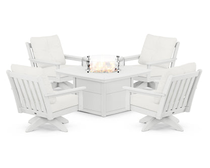 POLYWOOD® Vineyard 5-Piece Deep Seating Swivel Conversation Set with Fire Pit Table in White / Natural Linen