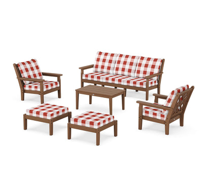 POLYWOOD® Chippendale 6-Piece Lounge Sofa Set in Teak / Buffalo Plaid Crimson