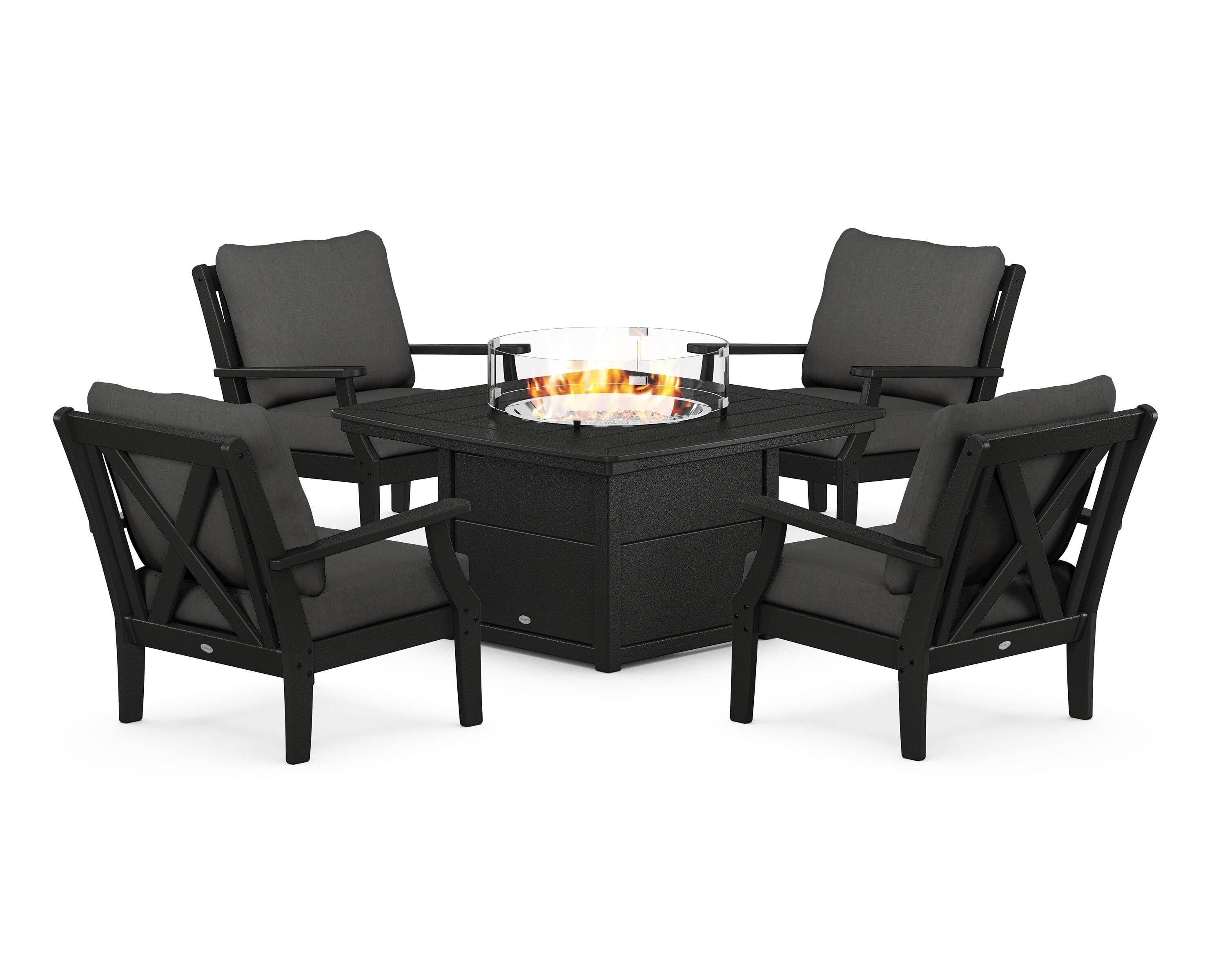POLYWOOD® Braxton 5-Piece Deep Seating Conversation Set with Fire Pit Table in Black / Spectrum Carbon