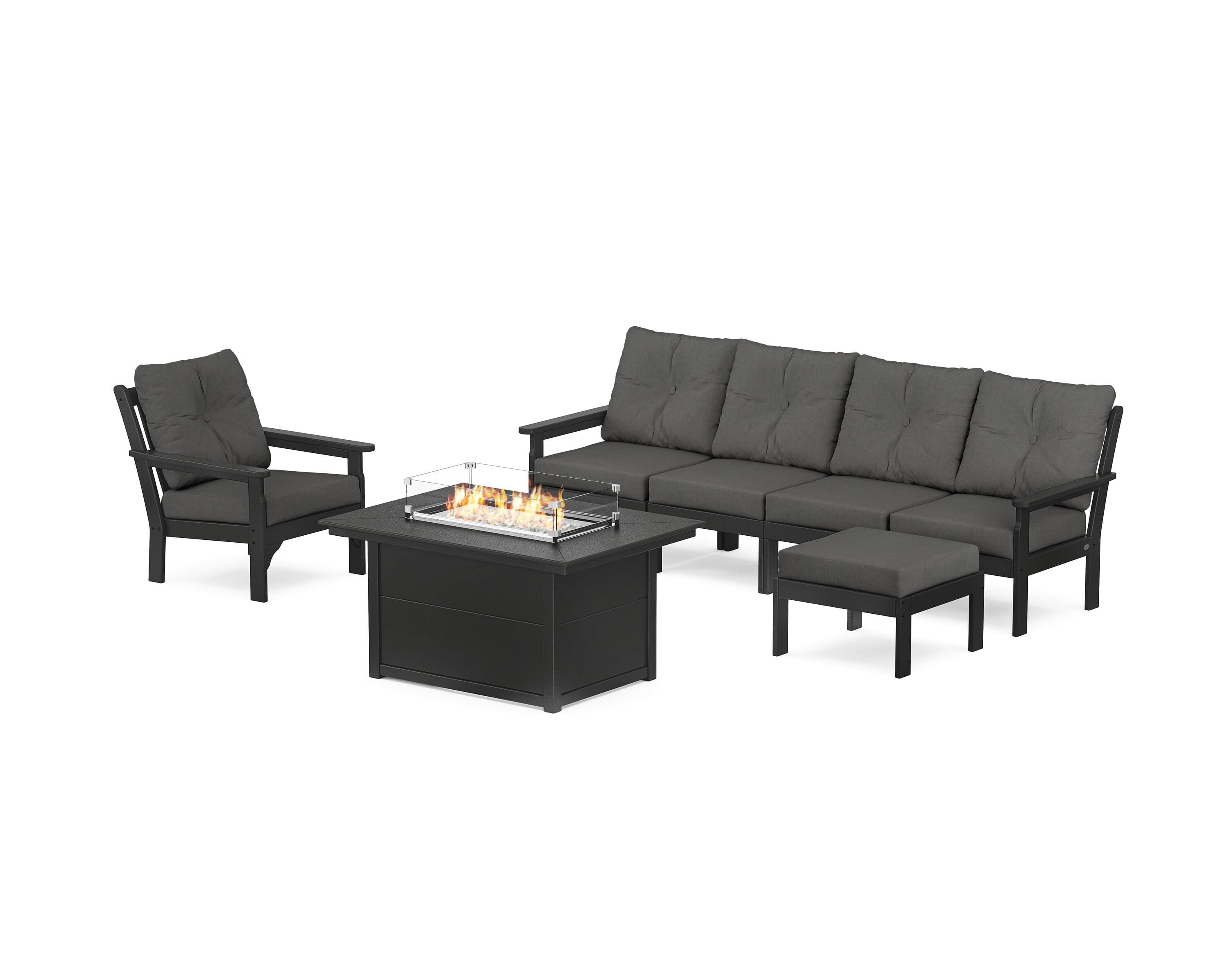 POLYWOOD® Vineyard Sectional Lounge and Fire Pit Set in Black / Spectrum Carbon