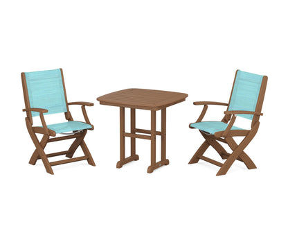 POLYWOOD® Coastal Folding Chair 3-Piece Dining Set in Teak / Dupioni Aquamarine Sling