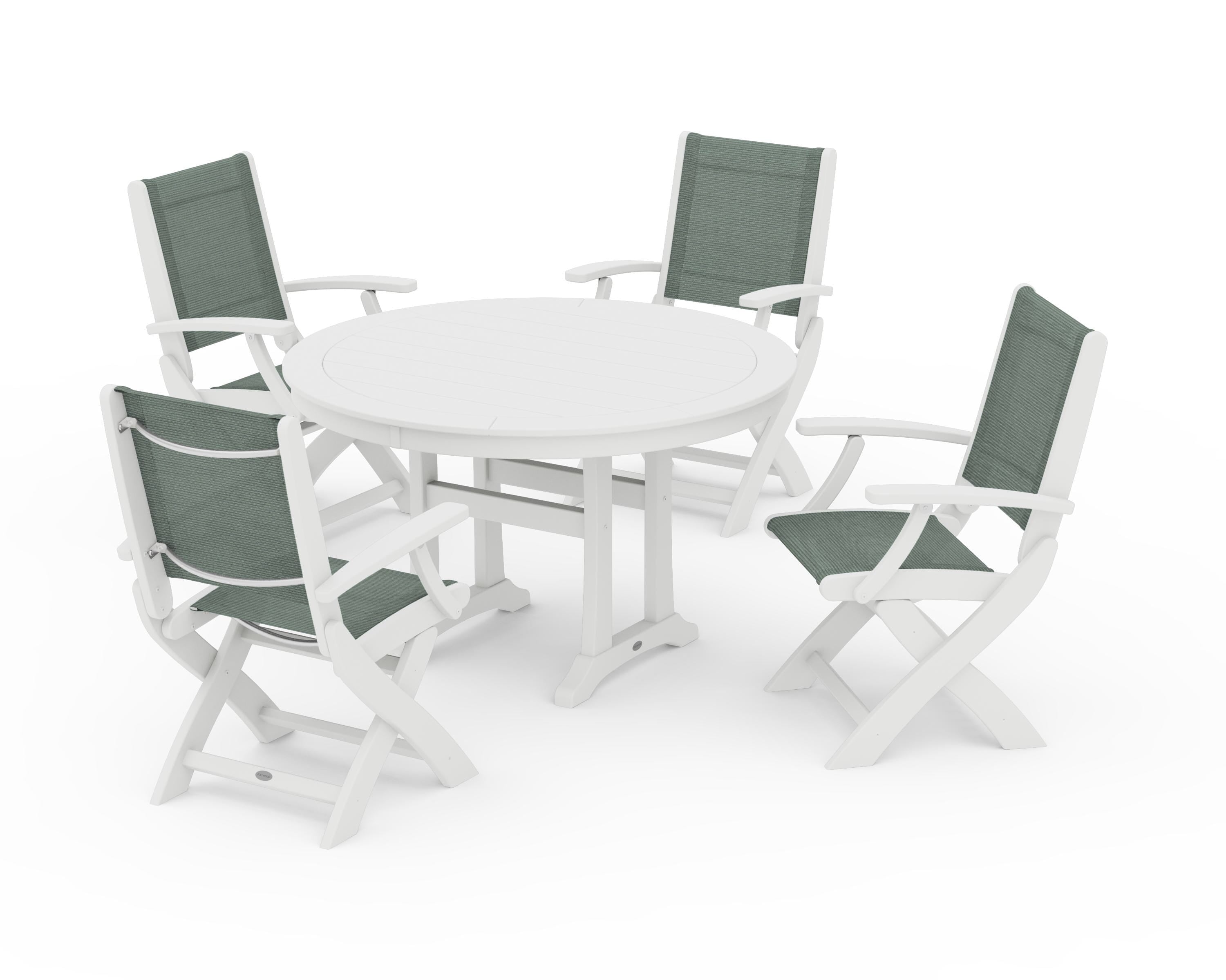 POLYWOOD® Coastal Folding Chair 5-Piece Round Dining Set with Trestle Legs in White / Dupioni Sea Mist Sling