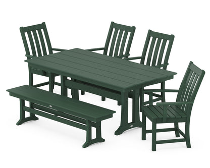 POLYWOOD® Vineyard 6-Piece Arm Chair Farmhouse Dining Set with Trestle Legs and Bench in Green