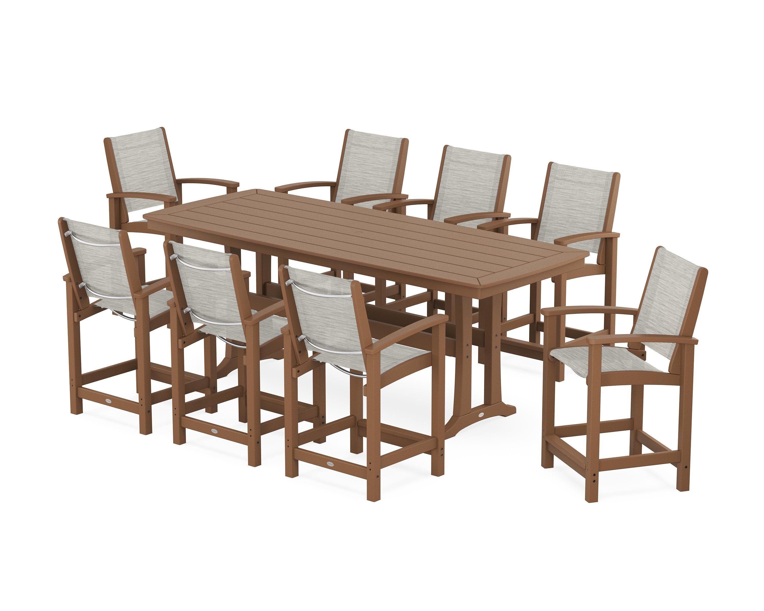 POLYWOOD® Coastal 9-Piece Counter Set with Trestle Legs in Teak / Birch Sling