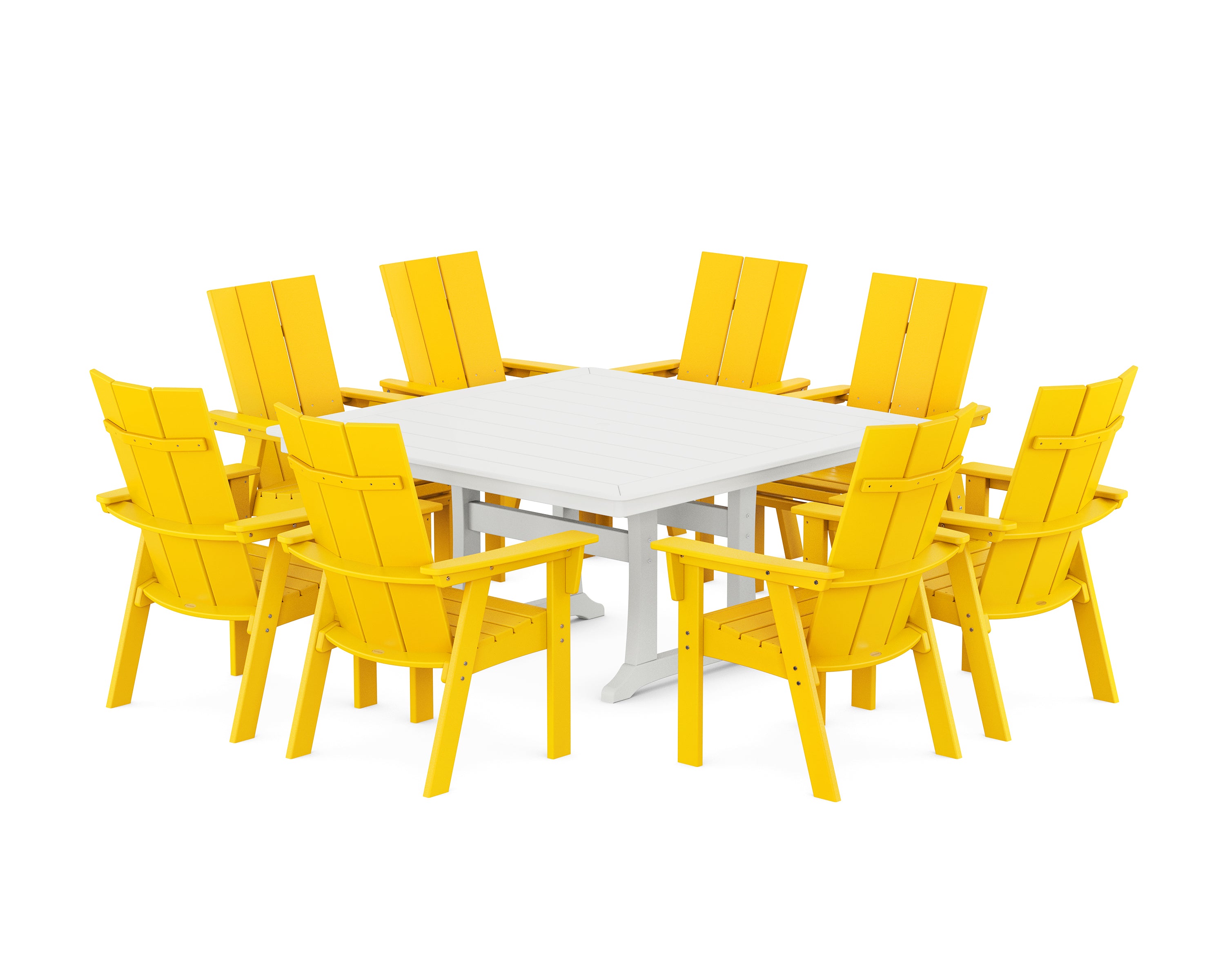 POLYWOOD® Modern Curveback Adirondack 9-Piece Square Dining Set with Trestle Legs in Lemon / White