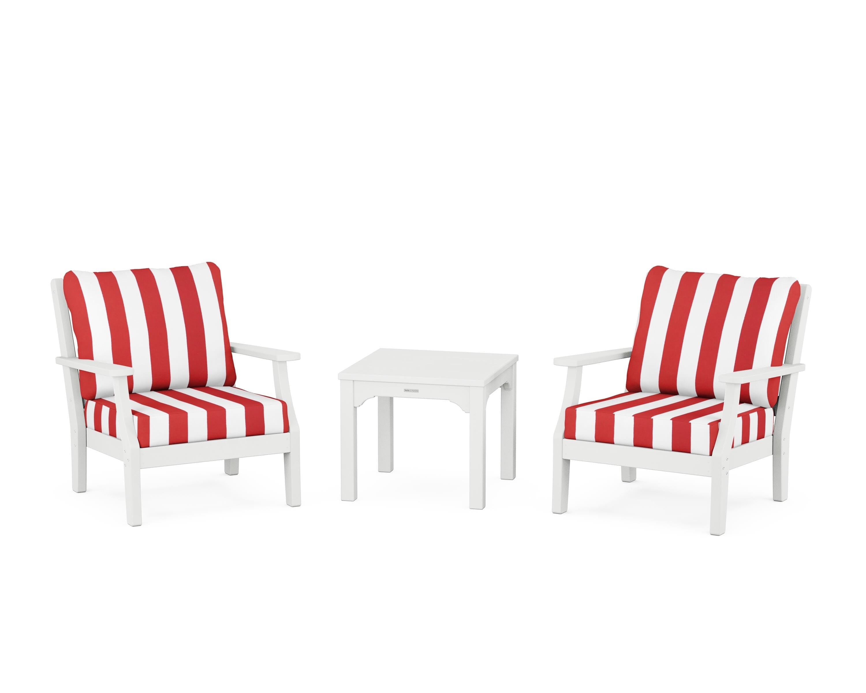Martha Stewart by POLYWOOD® Chinoiserie 3-Piece Deep Seating Set in White / Cabana Stripe Crimson