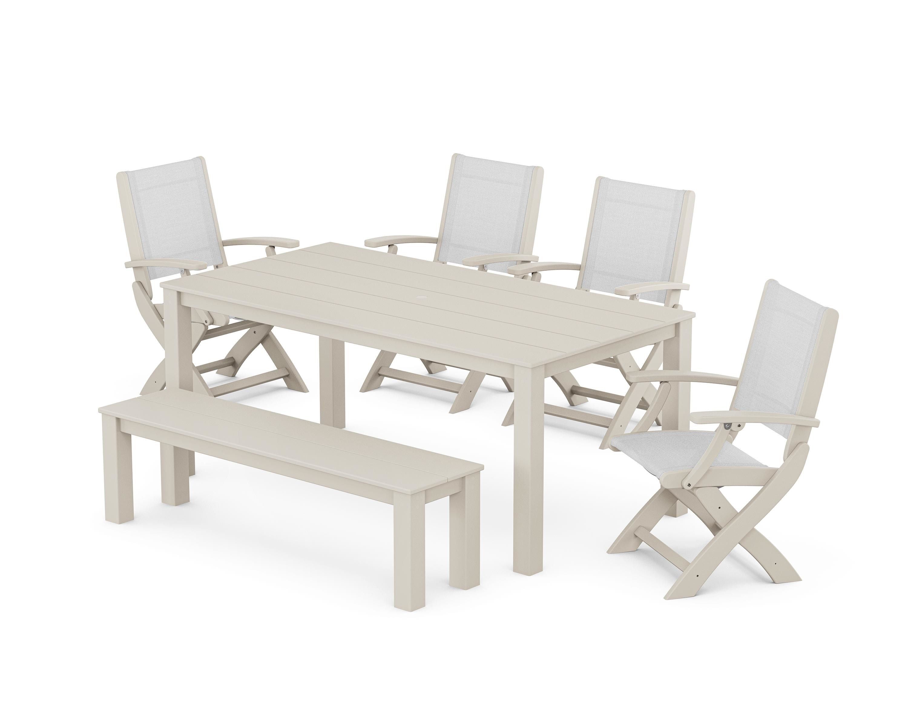 POLYWOOD® Coastal Folding Chair 6-Piece Parsons Dining Set with Bench in Sand / White Sling