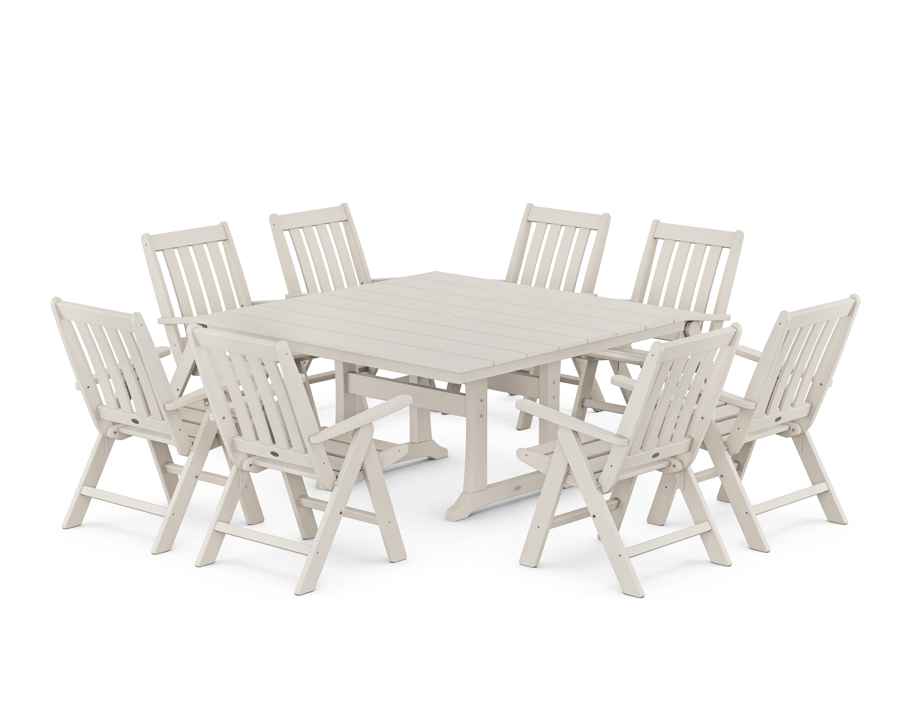 POLYWOOD® Vineyard Folding Chair 9-Piece Square Farmhouse Dining Set with Trestle Legs in Sand