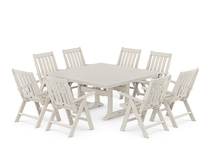 POLYWOOD® Vineyard Folding Chair 9-Piece Square Farmhouse Dining Set with Trestle Legs in Sand