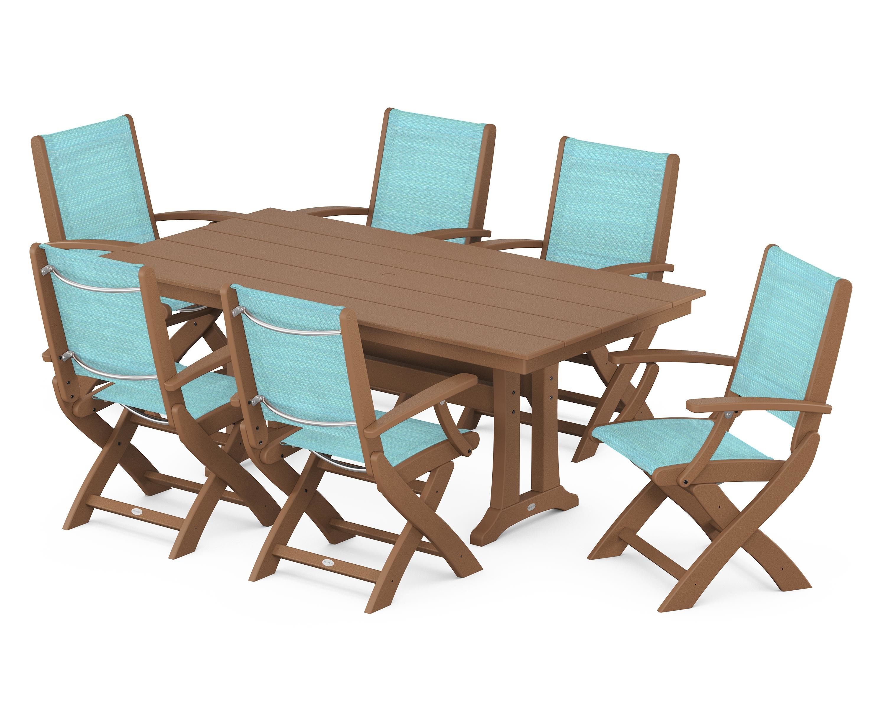 POLYWOOD® Coastal Folding Arm Chair 7-Piece Farmhouse Dining Set with Trestle Legs in Teak / Dupioni Aquamarine Sling