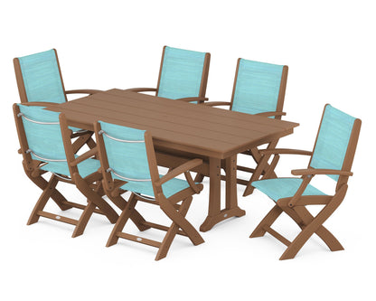 POLYWOOD® Coastal Folding Arm Chair 7-Piece Farmhouse Dining Set with Trestle Legs in Teak / Dupioni Aquamarine Sling