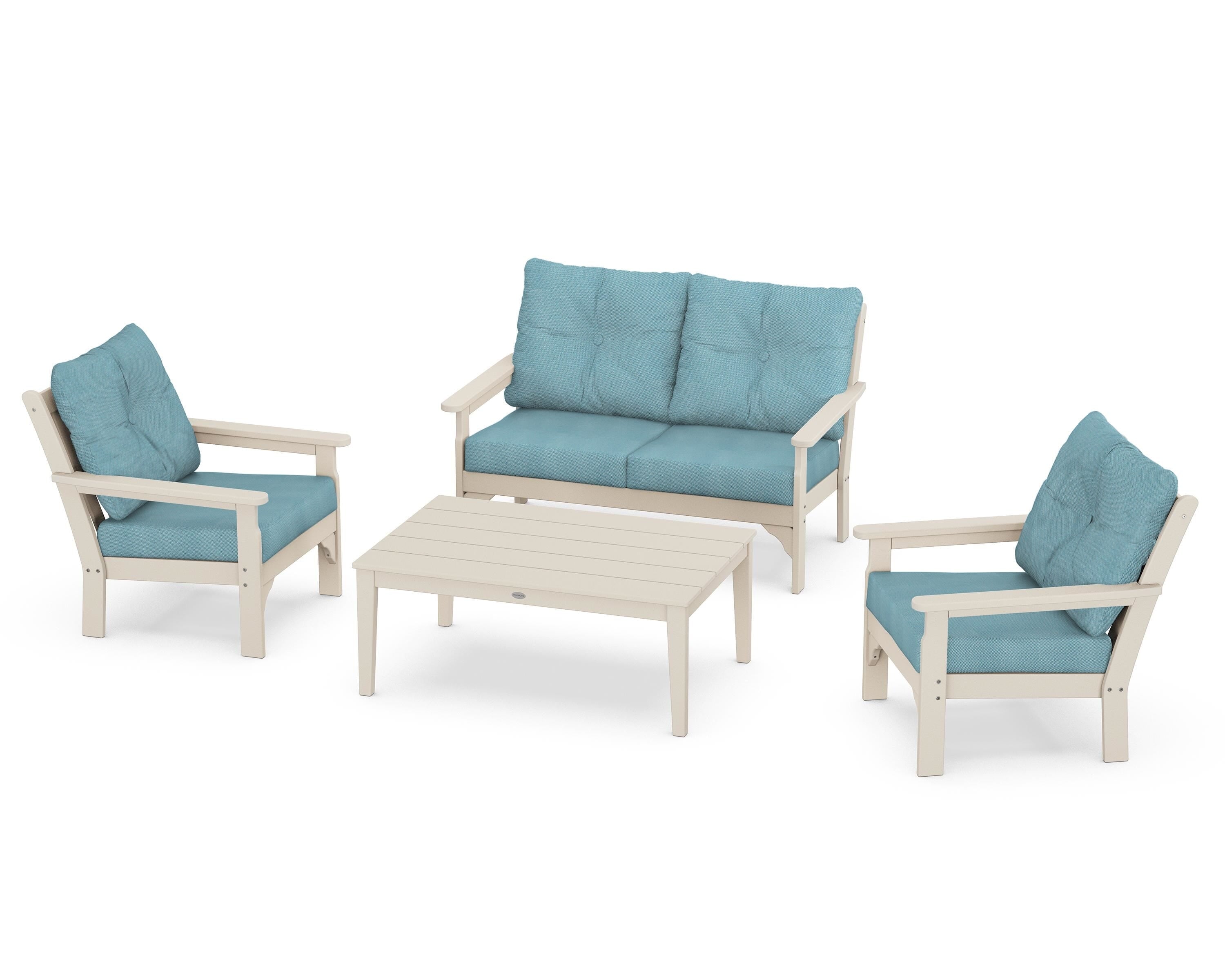 POLYWOOD® Vineyard 4-Piece Deep Seating Set in Sand / Lattice Sky Blue