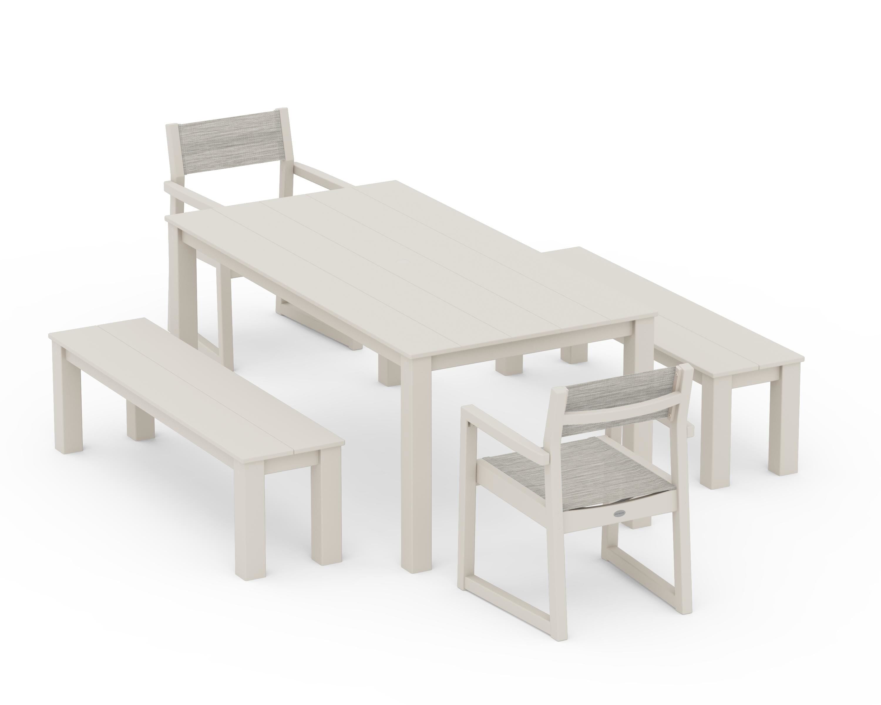 POLYWOOD® EDGE Sling Arm Chair 5-Piece Parsons Dining Set with Benches in Sand / Birch Sling