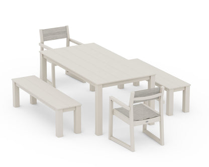 POLYWOOD® EDGE Sling Arm Chair 5-Piece Parsons Dining Set with Benches in Sand / Birch Sling