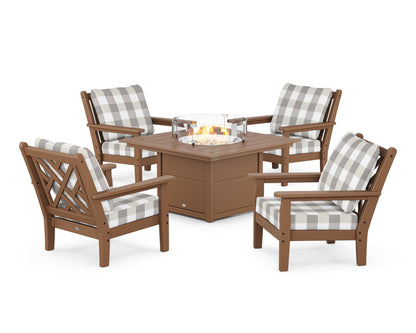 POLYWOOD® Chippendale 5-Piece Deep Seating Set with Fire Pit Table in Teak / Buffalo Plaid Grey Mist