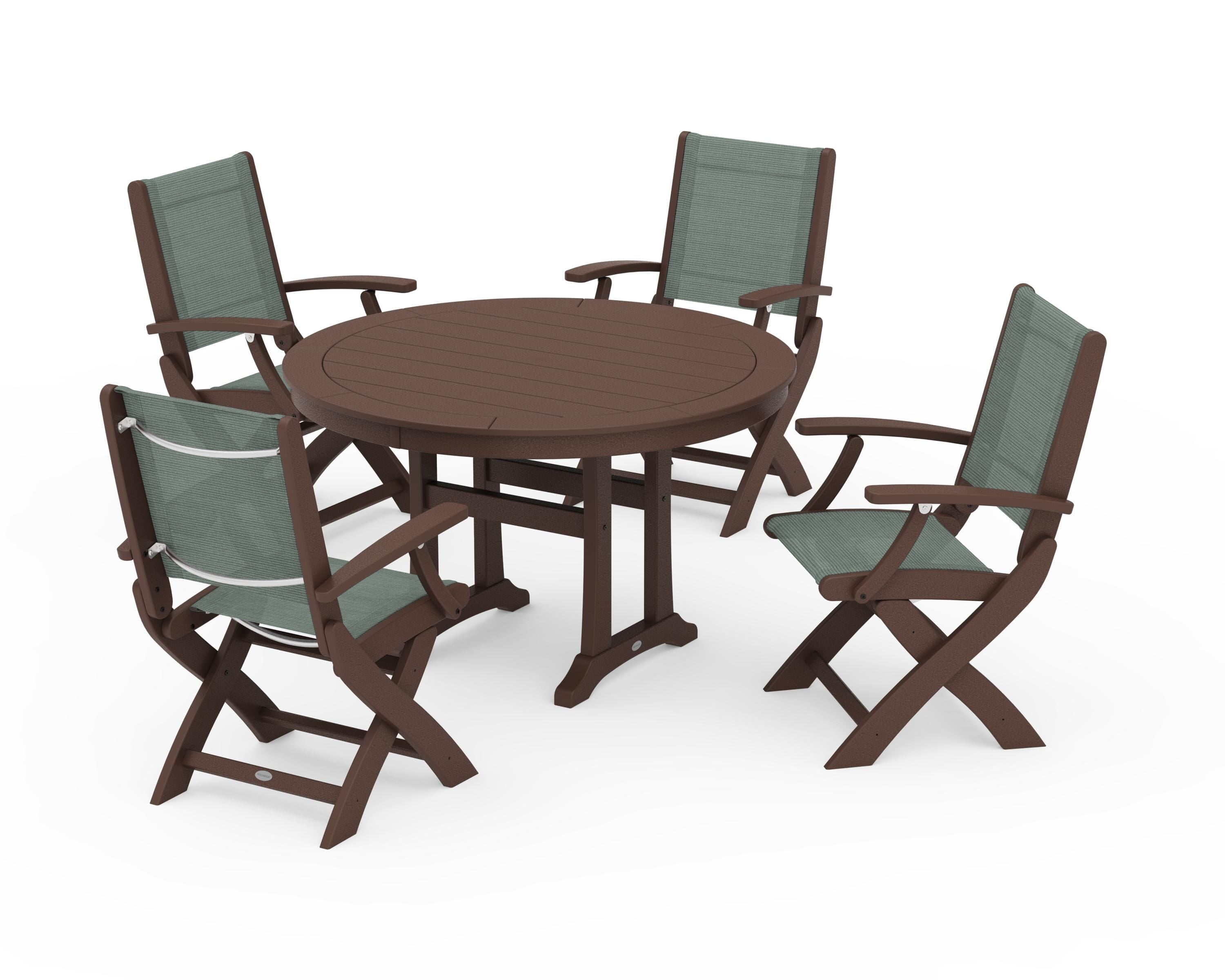 POLYWOOD® Coastal Folding Chair 5-Piece Round Dining Set with Trestle Legs in Mahogany / Dupioni Sea Mist Sling