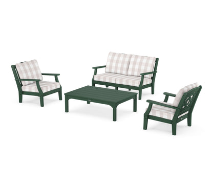 Martha Stewart by POLYWOOD® Chinoiserie 4-Piece Deep Seating Set with Loveseat in Green / Buffalo Plaid Dune Burlap