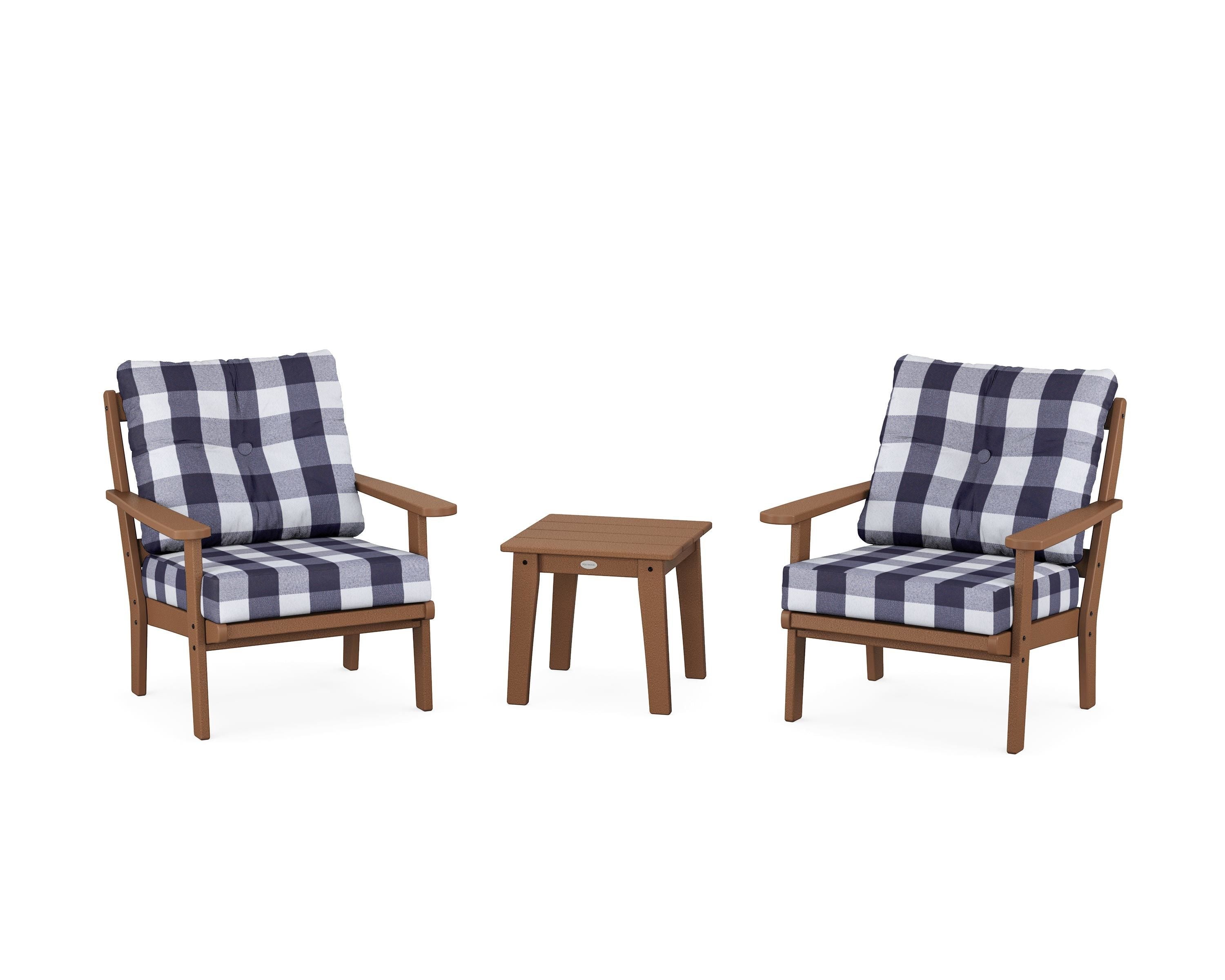 POLYWOOD® Mission 3-Piece Deep Seating Set in Teak / Buffalo Plaid Navy