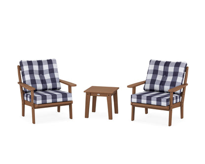 POLYWOOD® Mission 3-Piece Deep Seating Set in Teak / Buffalo Plaid Navy