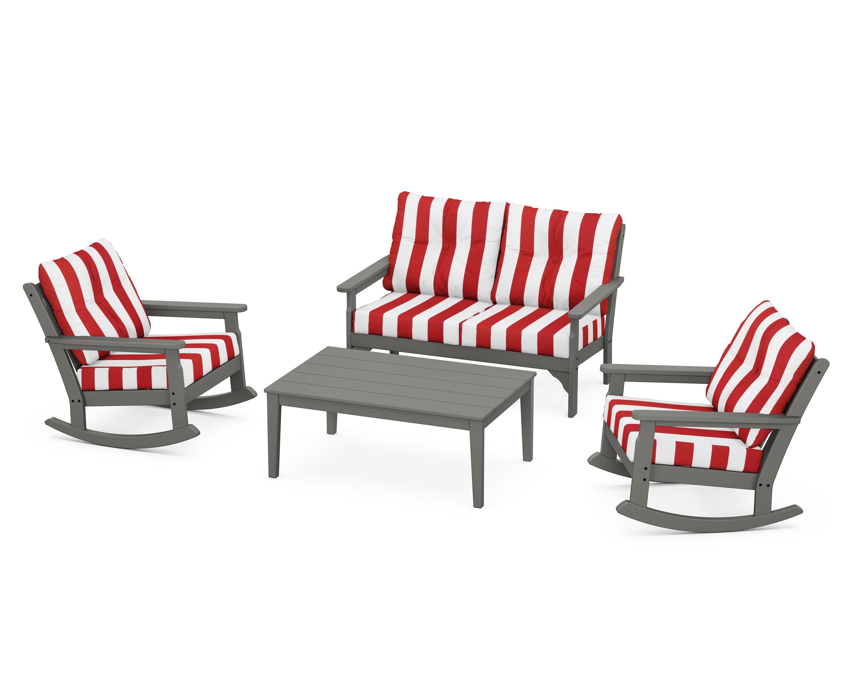 POLYWOOD® Vineyard 4-Piece Deep Seating Rocking Chair Set in Slate Grey / Cabana Stripe Crimson