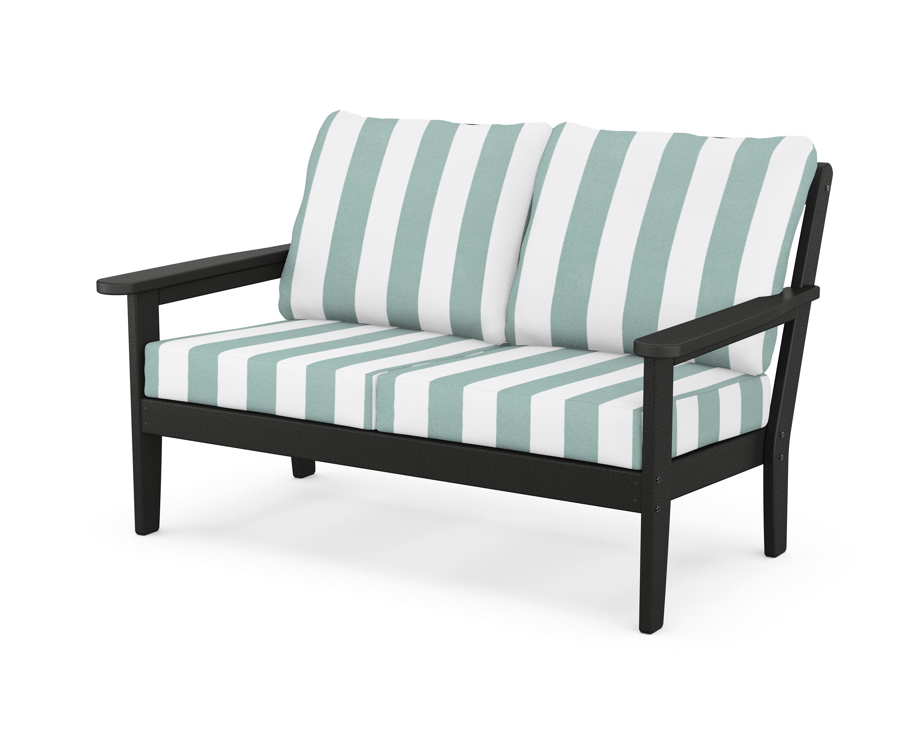 Country Living Cottage Deep Seating Loveseat in Black / Cabana Stripe Glacier Spa