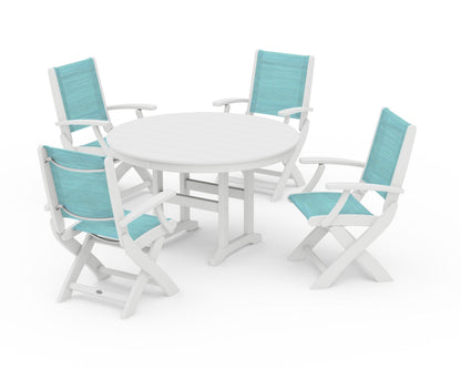 POLYWOOD® Coastal Folding Chair 5-Piece Round Dining Set in White / Dupioni Aquamarine Sling
