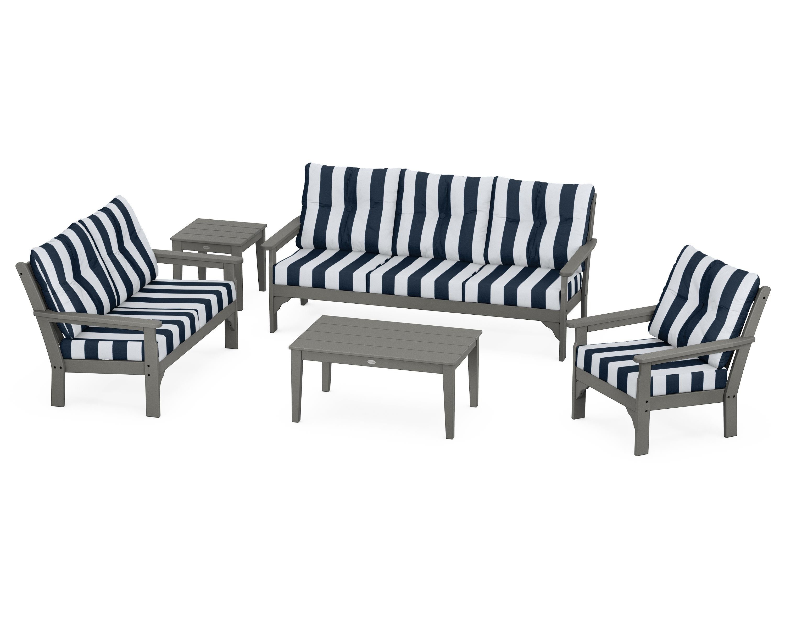 POLYWOOD® Vineyard 5 Piece Deep Seating Set in Slate Grey / Cabana Stripe Marine Indigo