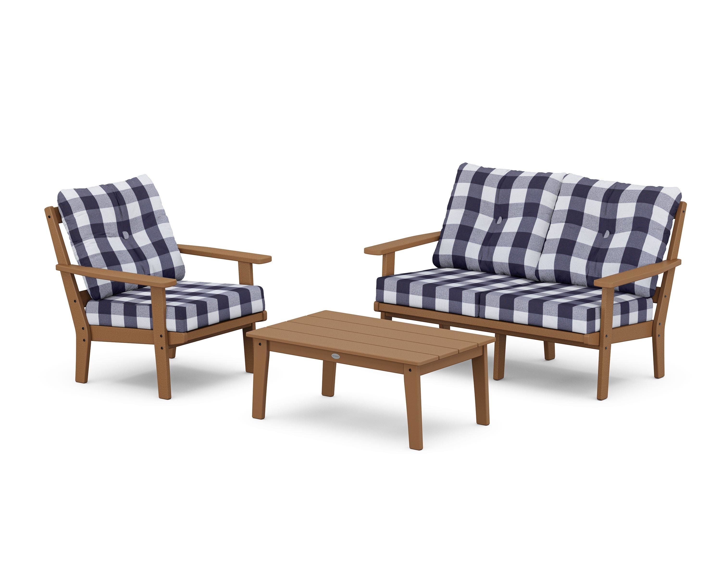 POLYWOOD® Oxford 3-Piece Deep Seating Set with Loveseat in Teak / Buffalo Plaid Navy