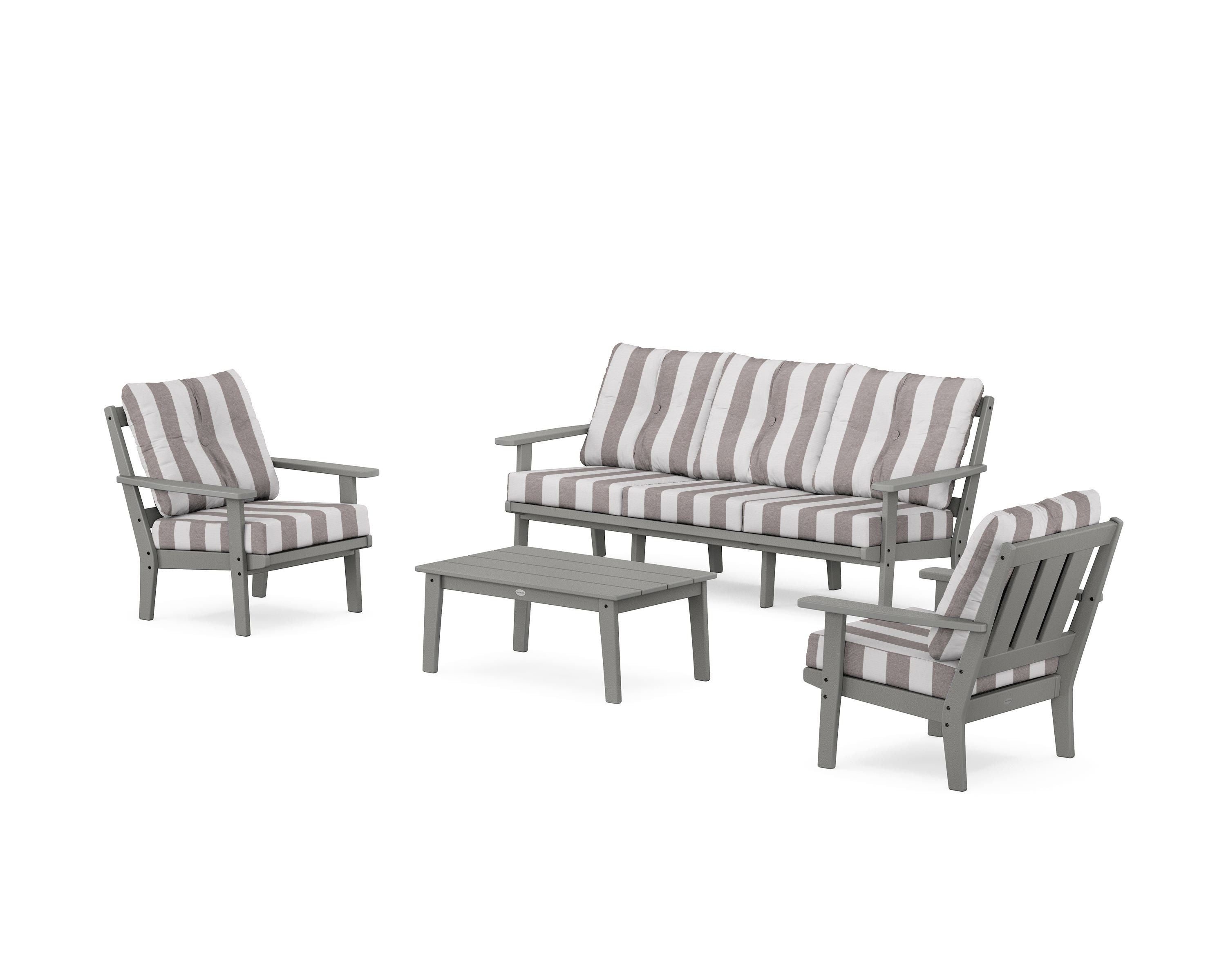 POLYWOOD® Oxford 4-Piece Deep Seating Set with Sofa in Slate Grey / Cabana Stripe Grey Mist