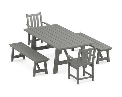 POLYWOOD® Traditional Garden 5-Piece Rustic Farmhouse Dining Set With Benches in Slate Grey