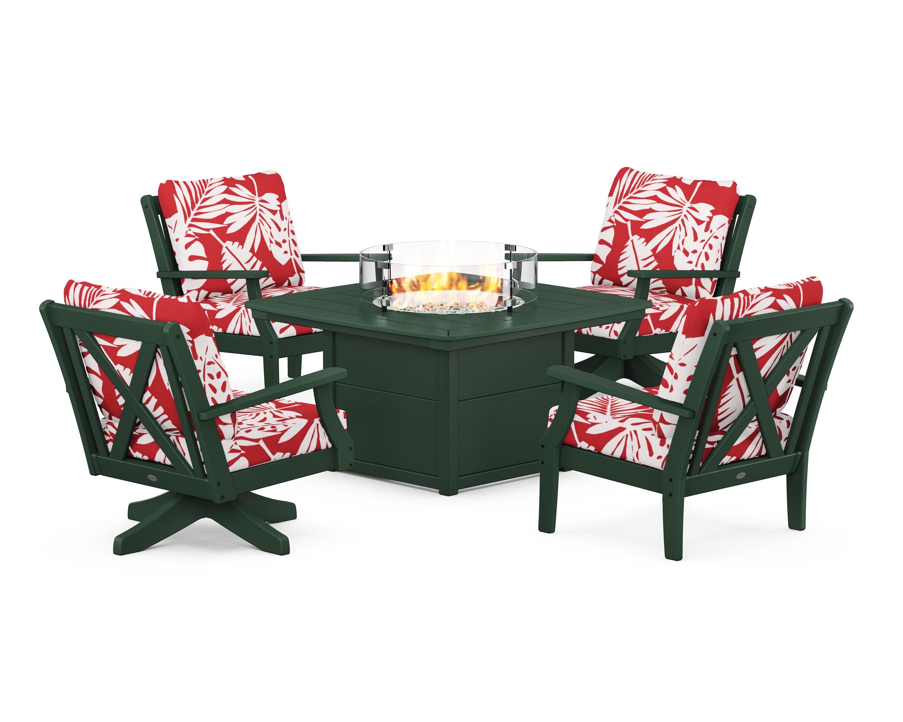 POLYWOOD® Braxton 5-Piece Deep Seating Set with Fire Table in Green / Leaf Crimson