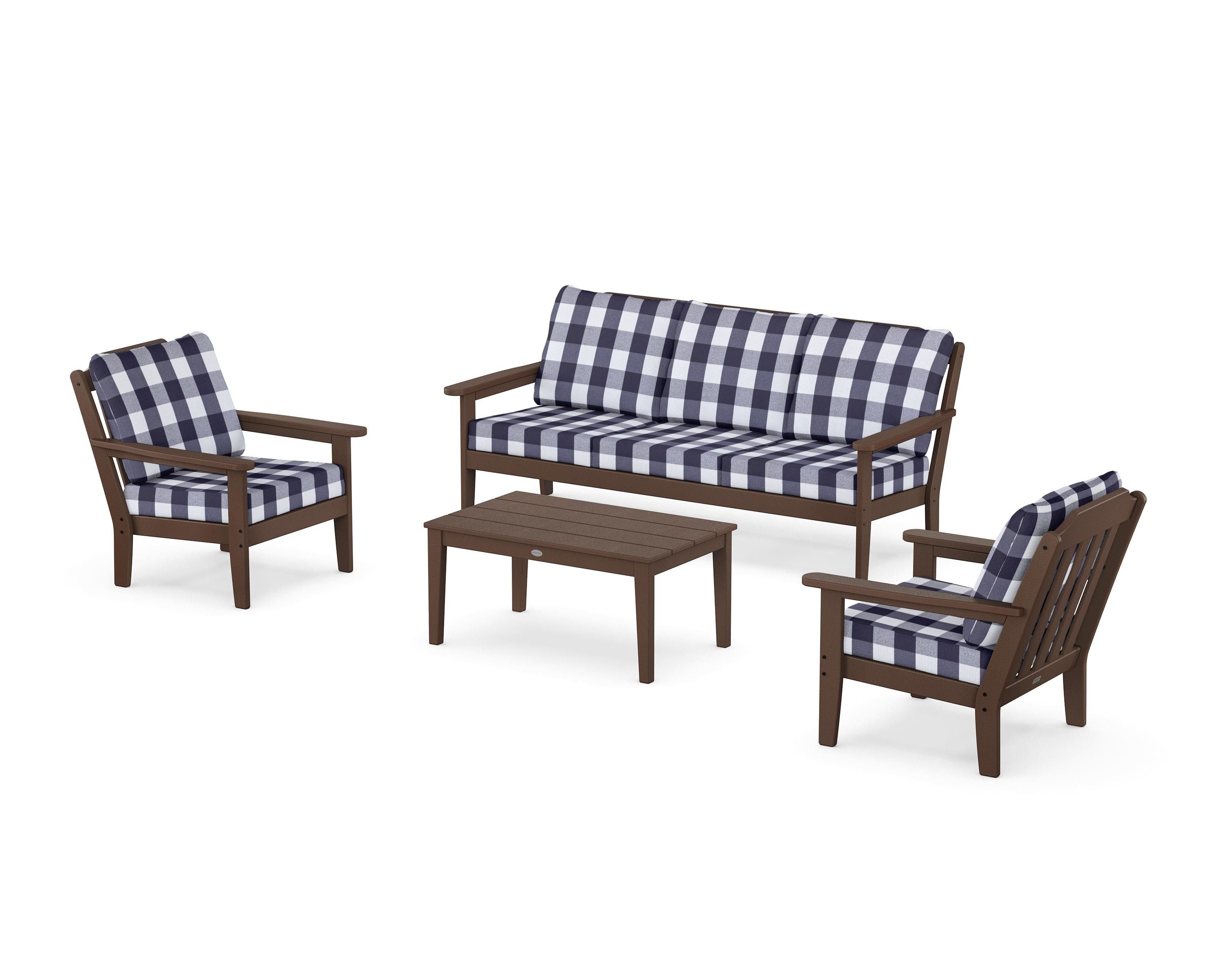 Country Living Cottage 4-Piece Deep Seating Set with Sofa in Mahogany / Buffalo Plaid Navy