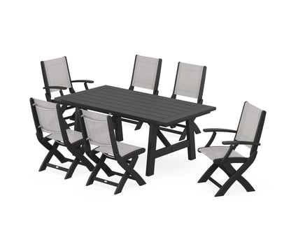 POLYWOOD® Coastal Folding Chair 7-Piece Rustic Farmhouse Dining Set in Black / Parchment Sling
