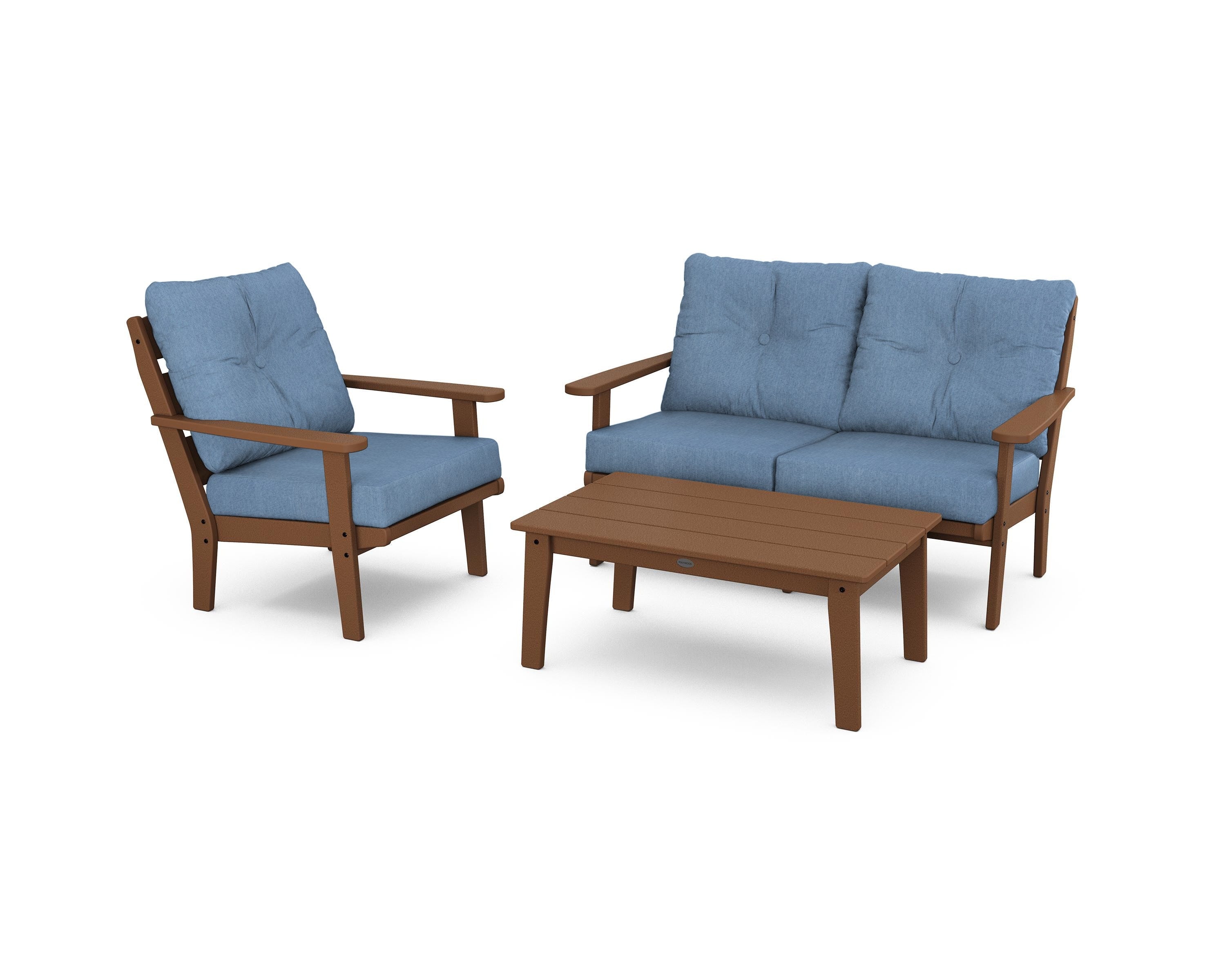 POLYWOOD® Lakeside 3-Piece Deep Seating Set in Teak / Sky Blue