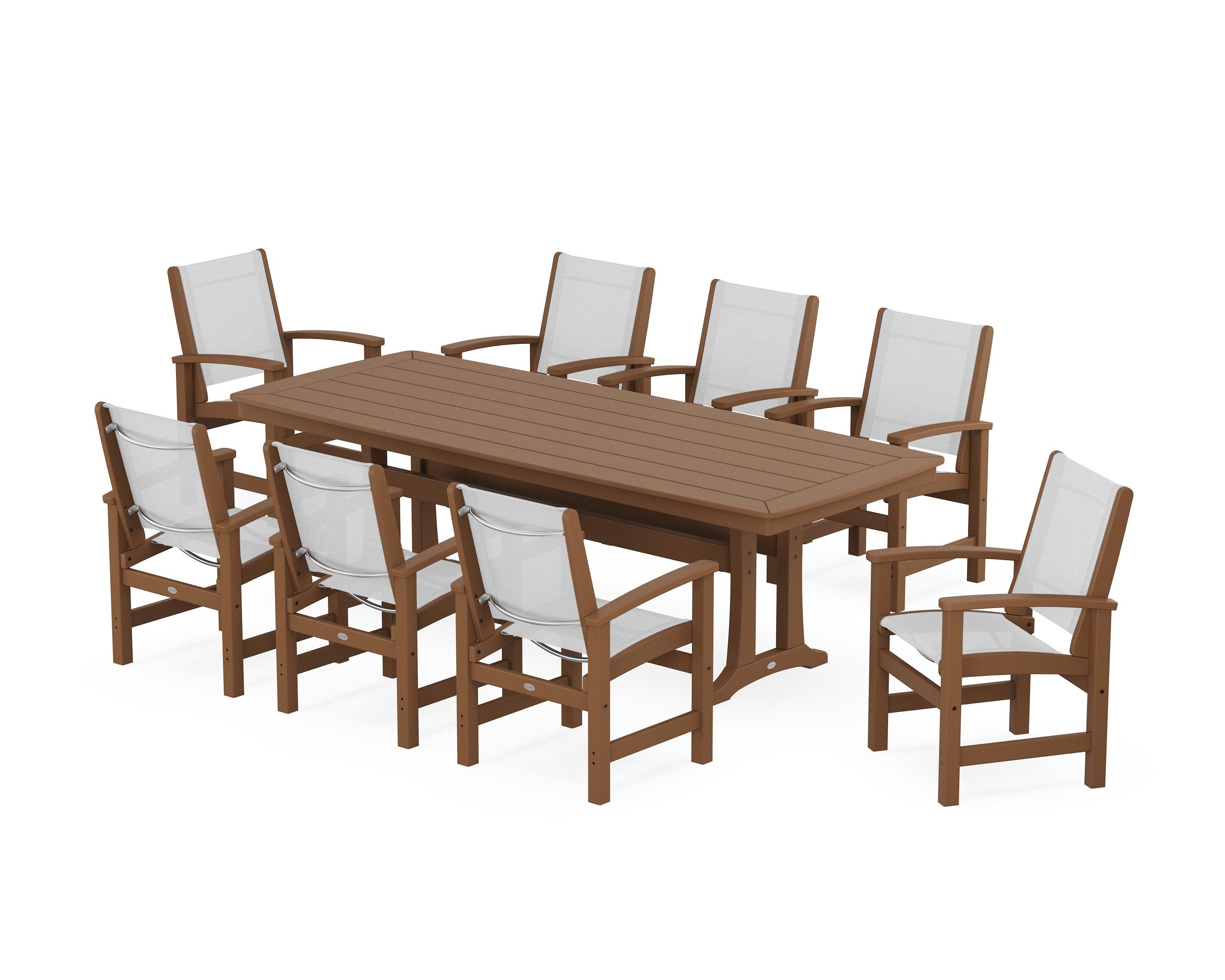 POLYWOOD® Coastal 9-Piece Dining Set with Trestle Legs in Teak / White Sling