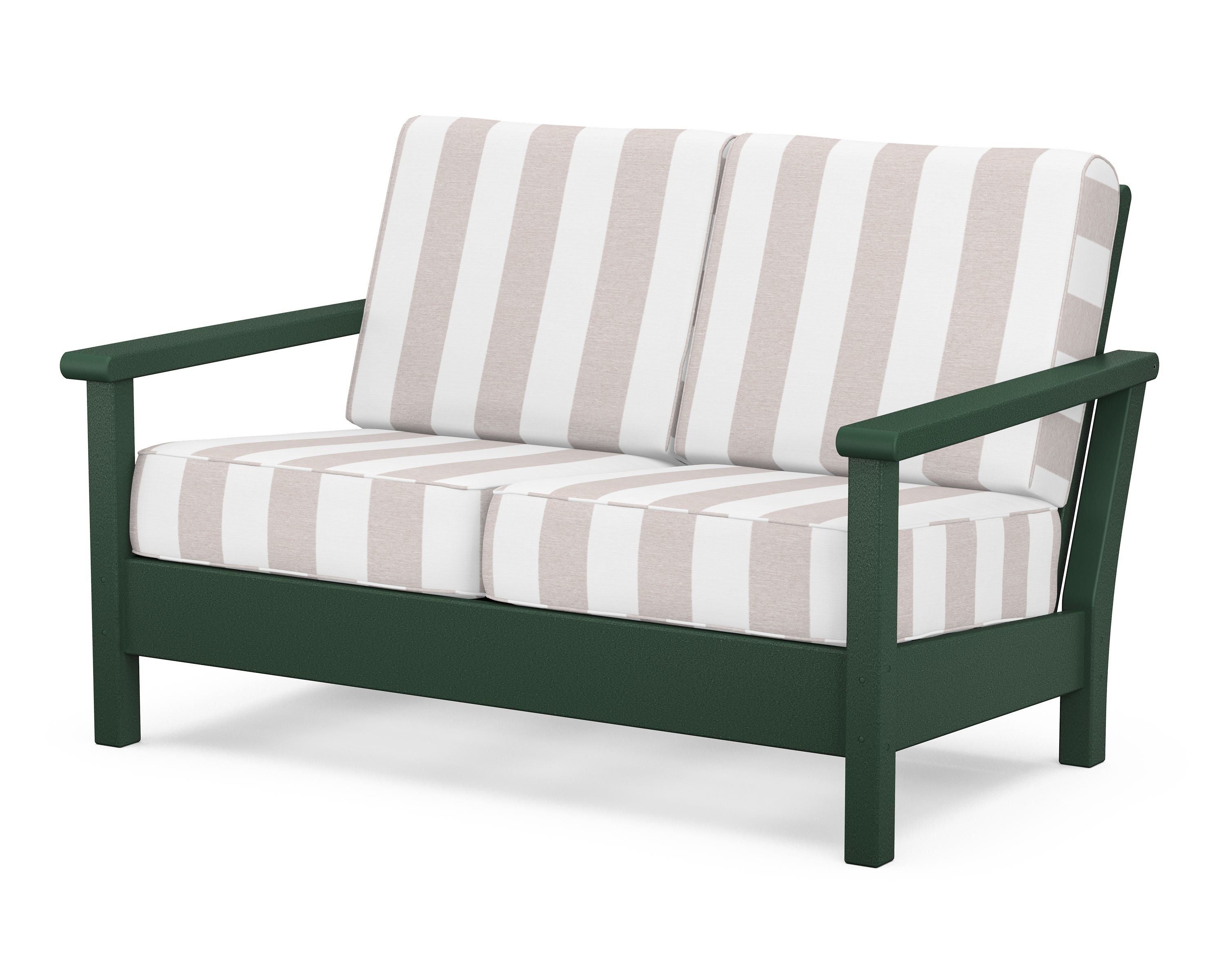 POLYWOOD® Harbour Deep Seating Loveseat in Green / Cabana Stripe Dune Burlap