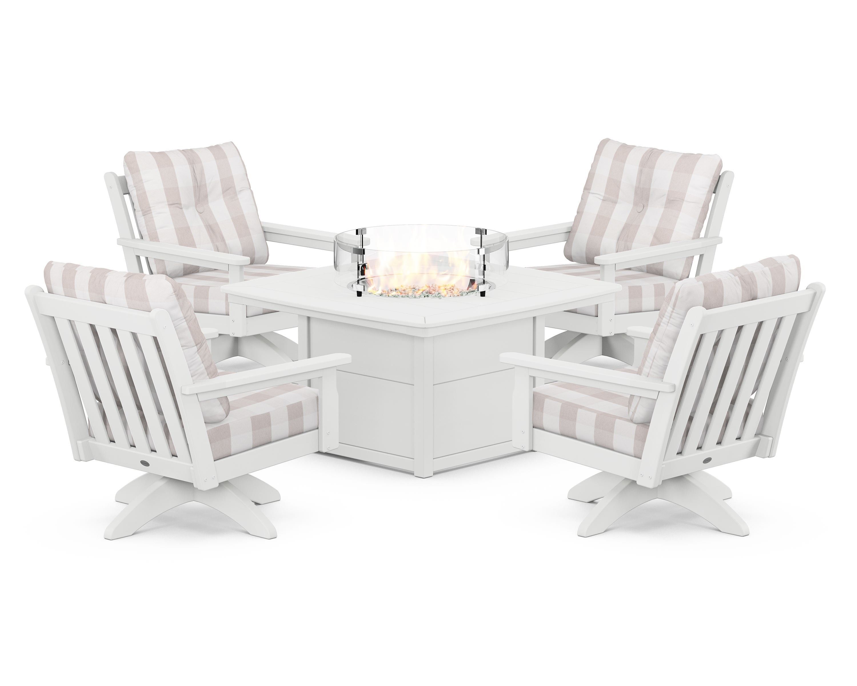 POLYWOOD® Vineyard 5-Piece Deep Seating Swivel Conversation Set with Fire Pit Table in White / Buffalo Plaid Dune Burlap