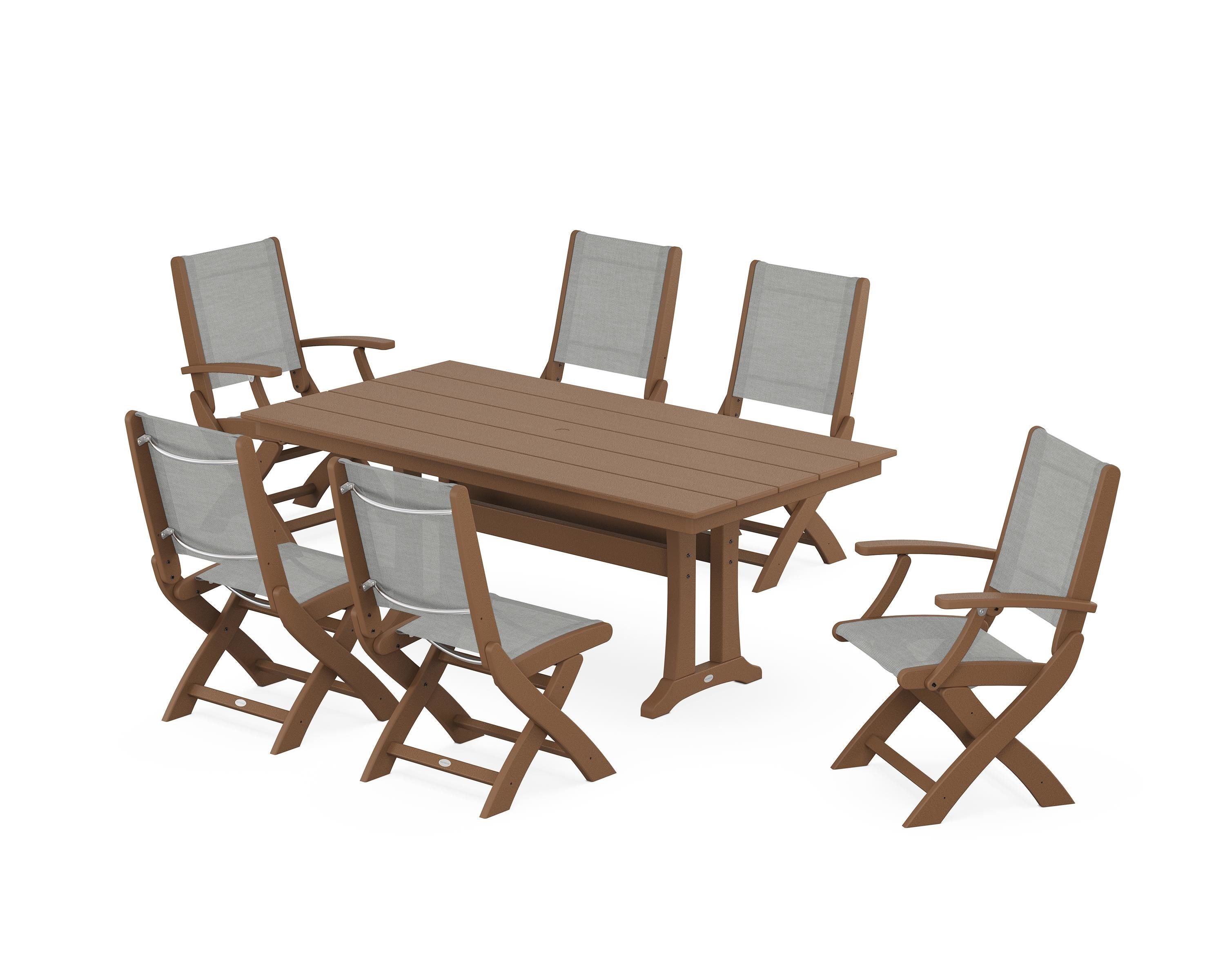 POLYWOOD® Coastal Folding Chair 7-Piece Farmhouse Dining Set with Trestle Legs in Teak / Metallic Sling